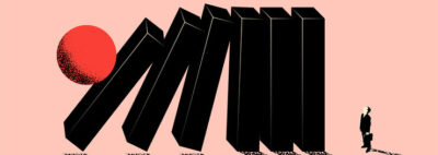 Konzeptionelle Geschäftsillustration der bevorstehenden Geschäftsproblemmetapher mit fallendem Domino und Geschäftsmannsilhouette.