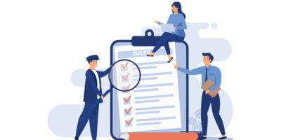 Illustration von Personen, die sich gemeinsam ein Dokument mit Aufschrift Rules (englisch für: Regeln) ansehen.