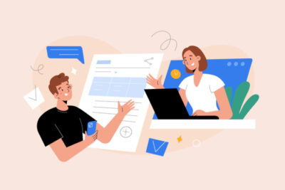 Illustration von Mann und Frau, die gemeinsam arbeiten.