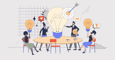 Illustration mit Figuren, die um einen Besprechungstisch sitzen