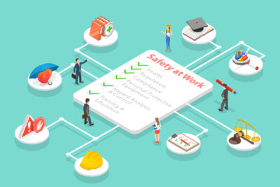 3D Illustration verschiedener Arbeitsschutzaspekte.