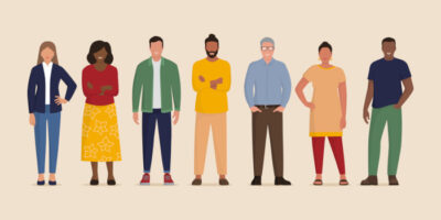 Illustration von Menschen verschiedener Ethnien, die sich an den Händen halten.